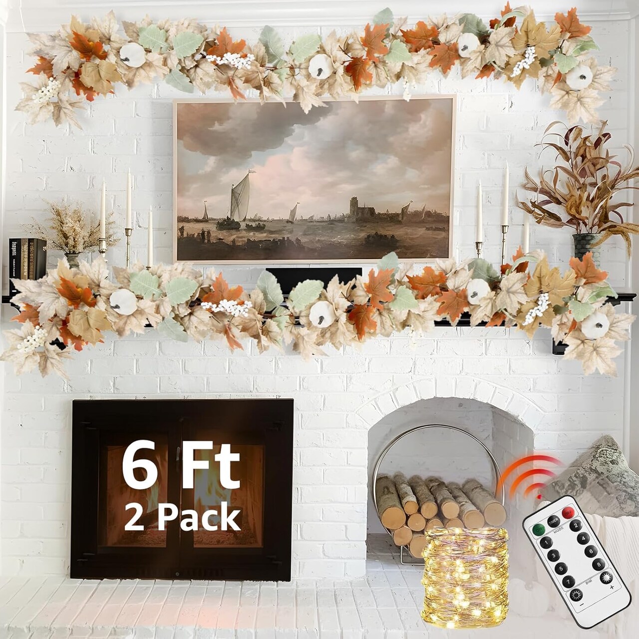 2 Pack 6Ft Outdoor Autumn Leaves Decor,Neutral Fall Garland for Mantle Fireplace(Orange)9.85 x 7.13 x 6.62 inches
